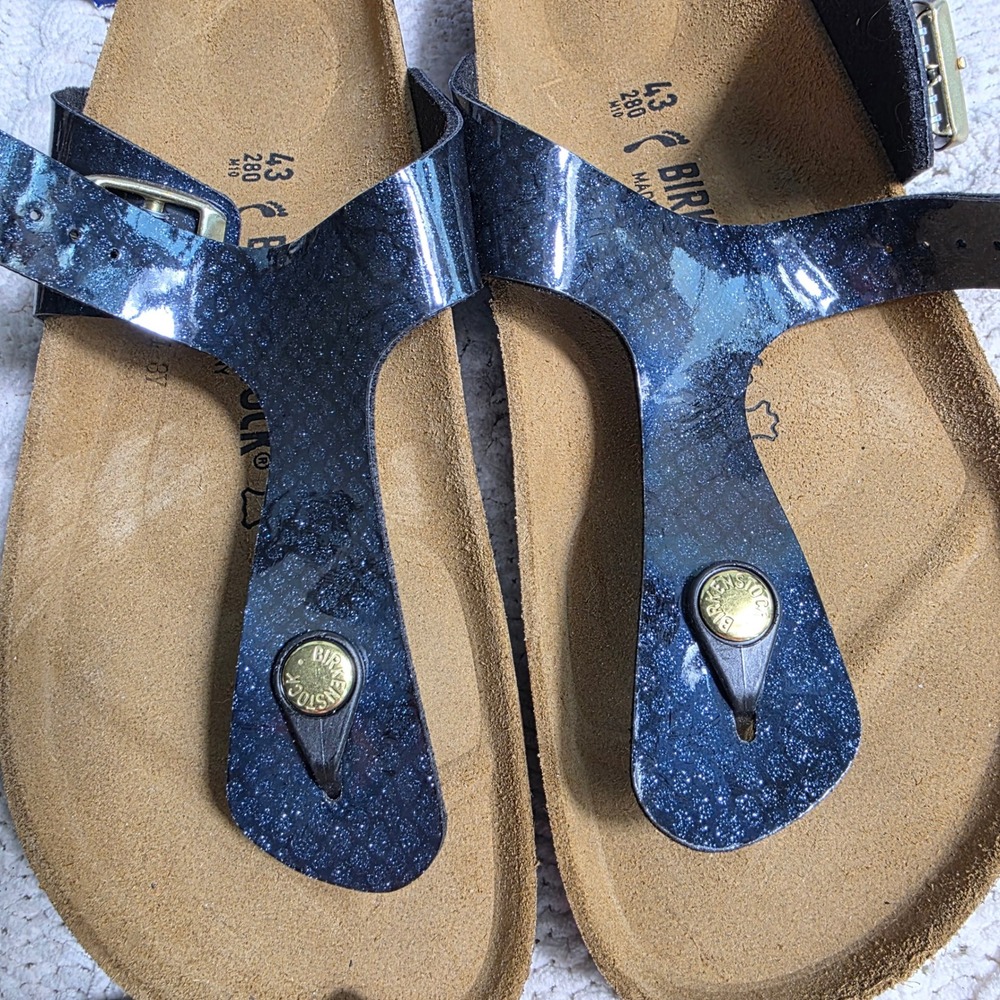 Birkenstock Gizeh Navy Blue Metallic Snake Toe Post Sandals 43 Women 12 NIB - Picture 2 of 5